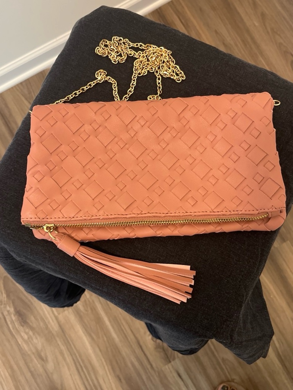Peach Quilted Tassel Chain Clutch with Gold Hardware